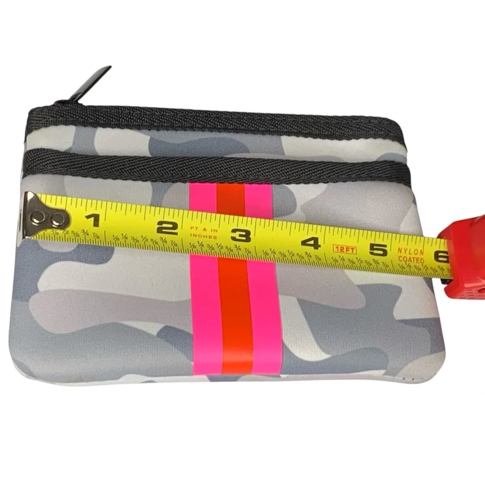 Haute Shore neoprene card keychain‎ case in gray camo and neon pink.